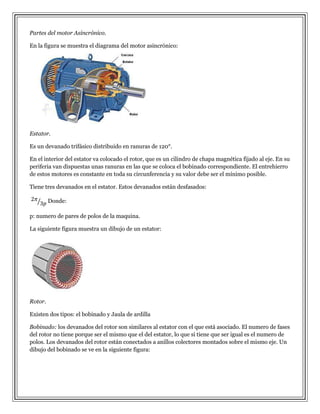 Partes del motor Asincrónico.
En la figura se muestra el diagrama del motor asincrónico:

Estator.
Es un devanado trifásico distribuido en ranuras de 120°.
En el interior del estator va colocado el rotor, que es un cilindro de chapa magnética fijado al eje. En su
periferia van dispuestas unas ranuras en las que se coloca el bobinado correspondiente. El entrehierro
de estos motores es constante en toda su circunferencia y su valor debe ser el mínimo posible.
Tiene tres devanados en el estator. Estos devanados están desfasados:
Donde:
p: numero de pares de polos de la maquina.
La siguiente figura muestra un dibujo de un estator:

Rotor.
Existen dos tipos: el bobinado y Jaula de ardilla
Bobinado: los devanados del rotor son similares al estator con el que está asociado. El numero de fases
del rotor no tiene porque ser el mismo que el del estator, lo que si tiene que ser igual es el numero de
polos. Los devanados del rotor están conectados a anillos colectores montados sobre el mismo eje. Un
dibujo del bobinado se ve en la siguiente figura:

 
