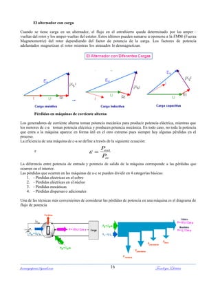 ferrumycuprum@gmail.com Tecnología Eléctrica16
El alternador con carga
Cuando se tiene carga en un alternador, el flujo en el entrehierro queda determinado por las amper –
vueltas del rotor y los amper-vueltas del estator. Estos últimos pueden sumarse u oponerse a la FMM (Fuerza
Magnetomotriz) del rotor dependiendo del factor de potencia de la carga. Los factores de potencia
adelantados magnetizan el rotor mientras los atrasados lo desmagnetizan.
Pérdidas en máquinas de corriente alterna
Los generadores de corriente alterna toman potencia mecánica para producir potencia eléctrica, mientras que
los motores de c-a toman potencia eléctrica y producen potencia mecánica. En todo caso, no toda la potencia
que entra a la máquina aparece en forma útil en el otro extremo pues siempre hay algunas pérdidas en el
proceso.
La eficiencia de una máquina de c-a se define a través de la siguiente ecuación:
La diferencia entre potencia de entrada y potencia de salida de la máquina corresponde a las pérdidas que
ocurren en el interior.
Las pérdidas que ocurren en las máquinas de a-c se pueden dividir en 4 categorías básicas:
1. - Pérdidas eléctricas en el cobre
2. - Pérdidas eléctricas en el núcleo
3. - Pérdidas mecánicas
4. - Pérdidas dispersas o adicionales
Una de las técnicas más convenientes de considerar las pérdidas de potencia en una máquina es el diagrama de
flujo de potencia
in
out
P
P

 