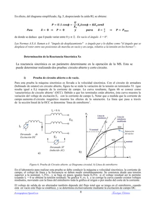 ferrumycuprum@gmail.com Tecnología Eléctrica8
En efecto, del diagrama simplificado, fig..5, despreciando la caída RI, se obtiene:
Para
de donde se deduce que δ puede variar entre 0 y π /2. En vacío el ángulo δ = 0°.
Las Normas A.S.A. llaman a δ ''ángulo de desplazamiento" o ángulo par y lo define como "el ángulo que se
desplaza el rotor entre sus posiciones de marcha en vacío y en carga, relativo a la tensión en los bornes".-
Determinación de la Reactancia Sincrónica Xs
La reactancia sincrónica es un parámetro determinante en la operación de la MS. Esta se
puede determinar realizando dos pruebas: circuito abierto y corto circuito.
i) Prueba de circuito abierto o de vacío.
Para esta prueba la máquina sincrónica es llevada a la velocidad sincrónica. Con el circuito de armadura
(bobinado de estator) en circuito abierto, figura 6a se mide la variación de la tensión en terminales Vt (que
resulta igual a Ef) respecto de la corriente de campo. La curva resultante, figura 6b se conoce como
„característica de circuito abierto‟ (OCC). Debido a que los terminales están abiertos, ésta curva muestra la
variación del voltaje de excitación Ef con la corriente de campo If. Notar que a medida que la corriente de
campo aumenta el circuito magnético muestra los efectos de la saturación. La línea que pasa a través
de la sección lineal de la OCC se denomina „línea de entrehierro‟.
Figura 6. Prueba de Circuito abierto. a) Diagrama circuital, b) Línea de entrehierro
En el laboratorio para realizar esta prueba se debe conducir la máquina a velocidad sincrónica; la corriente de
campo, el voltaje de línea y la frecuencia se deben medir simultáneamente. Se comienza desde una tensión
superior a la nominal, 1,3Vn , y se baja en pasos iguales hasta 0,2Vn si el voltaje residual así lo permite
(cuando If = 0 se obtiene la tensión residual). Se grafica Vt vs. If y se corrige la curva cuando existen voltajes
residuales, moviendo con la línea del entrehierro toda la gráfica al origen o por medio del corte de la corriente.
El voltaje de salida de un alternador también depende del flujo total que se tenga en el entrehierro, cuando
está en vacío este flujo se establece, y se determina exclusivamente mediante la excitación de campo DC.
EfL
If
Ef
Ia = 0 A
Devanado de
Excitación DC
Devanado 3F
(inducido AC)
a) b)
Saturación
del núcleo
 