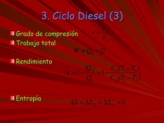 3. Ciclo Diesel (3) Grado de compresión Trabajo total  Rendimiento Entropía  
