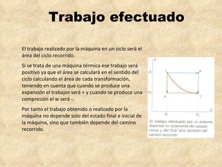 Trabajo efectuado El trabajo realizado por la máquina en un ciclo será el área del ciclo recorrido. Si se trata de una máquina térmica ese trabajo será positivo ya que el área se calculará en el sentido del ciclo calculando el área de cada transformación, teniendo en cuenta que cuando se produce una expansión el trabajos será + y cuando se produce una compresión el w será -. Por tanto el trabajo obtenido o realizado por la máquina no depende solo del estado final e inicial de la máquina, sino que también depende del camino recorrido. 