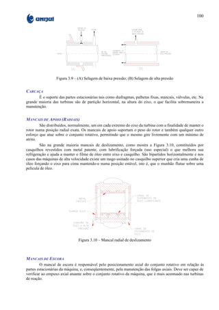 100




                  Figura 3.9 – (A) Selagem de baixa pressão; (B) Selagem de alta pressão


CARCAÇA
       É o suporte das partes estacionárias tais como diafragmas, palhetas fixas, mancais, válvulas, etc. Na
grande maioria das turbinas são de partição horizontal, na altura do eixo, o que facilita sobremaneira a
manutenção.


MANCAIS DE APOIO (RADIAIS)
         São distribuídos, normalmente, um em cada extremo do eixo da turbina com a finalidade de manter o
rotor numa posição radial exata. Os mancais de apoio suportam o peso do rotor e também qualquer outro
esforço que atue sobre o conjunto rotativo, permitindo que o mesmo gire livremente com um mínimo de
atrito.
         São na grande maioria mancais de deslizamento, como mostra a Figura 3.10, constituídos por
casquilhos revestidos com metal patente, com lubrificação forçada (uso especial) o que melhora sua
refrigeração e ajuda a manter o filme de óleo entre eixo e casquilho. São bipartidos horizontalmente e nos
casos das máquinas de alta velocidade existe um rasgo usinado no casquilho superior que cria uma cunha de
óleo forçando o eixo para cima mantendo-o numa posição estável, isto é, que o munhão flutue sobre uma
película de óleo.




                               Figura 3.10 – Mancal radial de deslizamento



MANCAIS DE ESCORA
         O mancal de escora é responsável pelo posicionamento axial do conjunto rotativo em relação às
partes estacionárias da máquina, e, conseqüentemente, pela manutenção das folgas axiais. Deve ser capaz de
verificar ao empuxo axial atuante sobre o conjunto rotativo da máquina, que é mais acentuado nas turbinas
de reação.
 