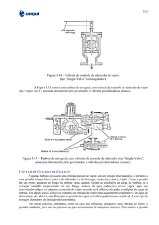 103




                        Figura 3.14 – Válvula de controle de admissão de vapor,
                                  tipo “Single-Valve” (estrangulador).

             A Figura 3.15 mostra uma turbina de uso geral, com válvula de controle de admissão de vapor
tipo “single-valve”, acionada diretamente pelo governador, e válvulas parcializadoras manuais.




   Figura 3.15 – Turbina de uso geral, com válvulas de controle de admissão tipo “Single-Valve”,
             acionada diretamente pelo governador, e válvulas parcializadoras manuais.

VÁLVULAS DE CONTROLE DE EXTRAÇÃO
         Algumas turbinas possuem uma retirada parcial de vapor, em um estágio intermediário, e portanto a
uma pressão intermediária, entre a de admissão e a de descarga, conhecida como extração. Como a pressão
em um ponto qualquer ao longo da turbina varia, quando variam as condições de carga da turbina, se a
extração consistir simplesmente em um flange, através do qual poderemos retirar vapor, após um
determinado estágio da máquina, a pressão do vapor extraído será influenciada pelas condições de carga da
turbina. Em alguns casos, como por exemplo na retirada de vapor para aquecimento regenerativo de água de
alimentação de caldeira, esta flutuação na pressão do vapor extraído é perfeitamente aceitável. A este tipo de
extração chamamos de extração não automática.
         Em outras ocasiões, entretanto, como no caso das refinarias, desejamos uma retirada de vapor, a
pressão constante, para uso no processo ou para acionamento de máquinas menores. Para manter a pressão
 