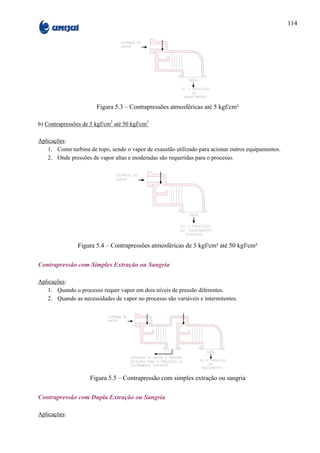 114




                       Figura 5.3 – Contrapressões atmosféricas até 5 kgf/cm²

b) Contrapressões de 5 kgf/cm2 até 50 kgf/cm2

Aplicações:
   1. Como turbina de topo, sendo o vapor de exaustão utilizado para acionar outros equipamentos.
   2. Onde pressões de vapor altas e moderadas são requeridas para o processo.




                Figura 5.4 – Contrapressões atmosféricas de 5 kgf/cm² até 50 kgf/cm²

Contrapressão com Simples Extração ou Sangria

Aplicações:
   1. Quando o processo requer vapor em dois níveis de pressão diferentes.
   2. Quando as necessidades de vapor no processo são variáveis e intermitentes.




                     Figura 5.5 – Contrapressão com simples extração ou sangria

Contrapressão com Dupla Extração ou Sangria

Aplicações:
 