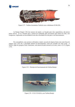 38




               Figura 2.37 – Turbina Aeronáutica TurboJet com o afterburner (F100-220)



        As Ramjet (Figura 2.38) são motores de reação a ar forçado para vôos supersônicos, não possui
partes móveis. O ar é forçado para a câmara de combustão pelo movimento para frente do avião, sem
compressor, implicando na necessidade de uma alta velocidade do avião para o seu funcionamento.



       Em conseqüência, uma aeronave utilizando a ramjet, necessita de alguma forma uma outra força de
empuxo que a leve até a velocidade mínima de funcionamento, como por exemplo um outro avião. A
NASA, órgão de pesquisa Norte Americano, está desenvolvendo aeronaves de teste, como o X-15 (Figura
2.39).




                      Figura 2.38 – Princípio de Funcionamento da Turbina Ramjet




                          Figura 2.39 – O X-15 (NASA), com Turbina Ramjet
 