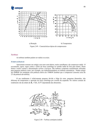 48




                         a) Rotação                                    b) Temperatura
                          Figura 2.49 – Características típicas de compressores



Turbinas
       As turbinas também podem ser radiais ou axiais.

TURBINAS RADIAIS
        Apresentam somente um estágio com rotor semi-aberto, muito semelhante a do compressor radial. O
escoamento, agora, segue contra o efeito da força centrífuga no sentido radial de fora para dentro. Desta
forma é muito comum a denominação turbina centrípeta. São turbinas compostas normalmente utilizadas
para pequena potência como, por exemplo, nas turboalimentadores ou turbinas automáticas. Podem atingir
até 4500kW em instalação com potência efetiva de 1500kW (lembrar que o compressor consome cerca de
2/3 da potência da turbina).

        O seu rendimento é relativamente pequeno devido a folga do rotor, pequenas dimensões, alta
diferença de temperatura e oposição da força centrífuga por ocasião da expansão. Os valores comuns de
rendimento são da ordem de η t = 0,6...0,75 dependendo das dimensões.




                                Figura 2.50 – Turbina centrípeta (radial)
 
