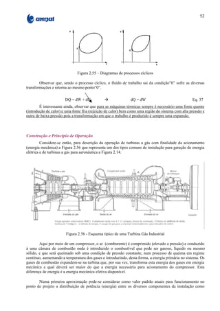 52




                              Figura 2.55 – Diagramas de processos cíclicos

        Observar que, sendo o processo cíclico, o fluído de trabalho sai da condição”0” sofre as diversas
transformações e retorna ao mesmo ponto”0”.

                       DQ = dW + dU            à               dQ = dW                              Eq. 37
        É interessante ainda, observar que para as máquinas térmicas sempre é necessário uma fonte quente
(introdução de calor) e uma fonte fria (rejeição de calor) bem como uma região do sistema com alta pressão e
outra de baixa pressão pois a transformação em que o trabalho é produzido é sempre uma expansão.



Construção e Princípio de Operação
         Considere-se então, para descrição da operação de turbinas a gás com finalidade da acionamento
(energia mecânica) a Figura 2.56 que representa um dos tipos comuns de instalação para geração de energia
elétrica e de turbinas a gás para aeronáutica a Figura 2.14.




                        Figura 2.56 - Esquema típico de uma Turbina Gás Industrial

        Aqui por meio de um compressor, o ar (comburente) é comprimido (elevado a pressão) e conduzido
à uma câmara de combustão onde é introduzido o combustível que pode ser gasoso, líquido ou mesmo
sólido, e que será queimado sob uma condição de pressão constante, num processo de queima em regime
contínuo, aumentando a temperatura dos gases e introduzindo, desta forma, a energia primária no sistema. Os
gases de combustão expandem-se na turbina que, por sua vez, transforma esta energia dos gases em energia
mecânica a qual deverá ser maior do que a energia necessária para acionamento do compressor. Esta
diferença de energia é a energia mecânica efetiva disponível.

       Numa primeira aproximação pode-se considerar como valor padrão atuais para funcionamento no
ponto de projeto a distribuição de potência (energia) entre os diversos componentes da instalação como
 