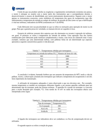 80

         Ciente de que seu produto satisfaz as exigências e regulamentos normalmente existentes nos países,
o motor é entregue ao usuário sem a maior parte dos instrumentos que o acompanharam durante o
desenvolvimento e ensaios de durabilidade, por serem praticamente desnecessários. Seguem com o motor
apenas os instrumentos essenciais, como medidores de temperatura dos gases de escapamento (que dão
indiretamente a temperatura de entrada no estágio de turbina), de pressão de óleo (uma vez que a lubrificação
é vital nas turbinas), indicadores de RPM (comumente em % de RPM).

        Cada fabricante tem sua peculiaridade no que se refere às instruções para operação do motor ou do
grupo. Para que a garantia possa ter variedade, os manuais devem ser seguidos à risca.

        Gostaria de enfatizar somente dois aspectos que são alarmantes no tocante á operação de turbinas,
em geral. O primeiro se refere à temperatura de entrada da turbina. Uma operação fora dos limites
estabelecidos pelo fabricante pode inutilizar completamente o motor, com riscos de catástrofe total. Como
exemplo, notemos que uma determinada turbina, com palhetas feitas de um determinado aço especial,
apresenta a seguinte característica quanto à vida dessa pá:



                            Tabela 7 – Temperaturas obtidas por termopares
                    Temperatura na entrada da turbina (ºC)    Número de horas de vida
                                    903                               1000
                                    916                                600
                                    932                                300
                                    957                                100
                                    980                                 40



        A conclusão é evidente, bastando lembrar que um aumento da temperatura de 800C anula a vida da
palheta. Assim, a observação constante dos termopares que indicam a temperatura de escapamento é um dos
itens importantes da manutenção.

        A utilização de termopares adequados é outra observação a que nos devemos ater. Por exemplo,
mesma temperatura se medida em termopares diferentes ligados a um mesmo aparelho calibrado para um
determinado tipo de termopar, pode dar leituras errôneas. O aparelho lê a tensão do termopar e a converte
para a escala desejada (por exemplo, ºC). Uma tensão de 16 mV na saída dos termopares abaixo será
interpretada como segue:



                            Tabela 8 – Temperaturas obtidas por termopares
                                   Tipo de termopar    Temperatura (ºC)
                                     Fe-Constantã           290
                                       Ni-Cr-Ni             391
                                       Pt-Rh-Pt            1535



        A ligação dos termopares aos indicadores deve ser cuidadosa e os fios de compensação devem ser
utilizados

        O segundo aspecto se refere a rotação do grupo.
 