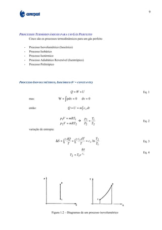 9




PROCESSOS TERMODINÂMICOS PARA UM GÁS PERFEITO
       Cinco são os processos termodinâmicos para um gás perfeito

   -   Processo Isovolumétrico (Isocórico)
   -   Processo Isobárico
   -   Processo Isotérmico
   -   Processo Adiabático Reversível (Isentrópico)
   -   Processo Politrópico




PROCESSO ISOVOLUMÉTRICO, ISOCÓRICO (V = CONSTANTE)


                                           Q = W +U                             Eq. 1

       mas:                     W = ∫ pdv = 0 ⇒ dv = 0

       então:                            Q = U = m ∫ c v dt


                                  p1V = mRT1           p1 T1
                                                 à       =                      Eq. 2
                                  p 2V = mRT2          P2 T2
       variação de entropia:


                                     2   dQ    2 c dT         T
                               ∆S = ∫1      = ∫1 v    = c v ln 2                Eq. 3
                                          T       T           T1
                                                      ∆S
                                                      cv                        Eq. 4
                                           T2 = T1e




                         Figura 1.2 – Diagramas de um processo isovolumétrico
 