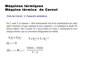 Màquines tèrmiques
Màquina tèrmica de Carnot
Cicle de Carnot : 2. Expansió adiabàtica
Q 2-3 = 0
ΔU 2-3 = W2-3 =
En l’ estat 2 el sistema s’ aïlla tèrmicament (no hi ha transferència de calor
amb l’exterior). El gas continua la seva expansió ,i va refredant-se desde Th
(focus calent) fins a assolir Tc ( focus fred) en l´estat 3 disminuïnt la seva
energia interna que es converteix íntegrament en treball.
P2
V2
γ
= P3
V3
γ
T h V2
γ-1
= T c V3
γ -1
 