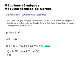 Màquines tèrmiques
Màquina tèrmica de Carnot
Cicle de Carnot : 3. Compressió isotèrmica
P3 V3 = P4 V 4
ΔU 3-4 = 0
Q c = W 3-4 = n R Tc ln ( V4/ V3)
En l’ estat 3 el gas comença a comprimir-se a Tc i tot el treball de compressió
absorbit es va cedint en forma de calor Qc a la font freda fins arribar a l’ estat 4.
La temperatura es manté a T c.
Q c = Wǀ ǀ 3-4 = n R Tc ln ( V3/
V4)
 