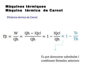 Màquines tèrmiques
Màquina tèrmica de Carnot
Eficiència tèrmica de Carnot
Es pot demostrar substituïnt i
combinant fórmules anteriors
 