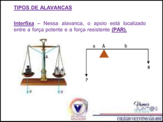 TIPOS DE ALAVANCAS
Interfixa – Nessa alavanca, o apoio está localizado
entre a força potente e a força resistente (PAR).
 
