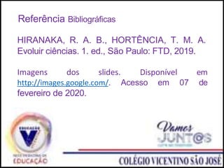 Referência Bibliográficas
HIRANAKA, R. A. B., HORTÊNCIA, T. M. A.
Evoluir ciências. 1. ed., São Paulo: FTD, 2019.
Imagens dos slides. Disponível em
http://images.google.com/. Acesso em 07 de
fevereiro de 2020.
 