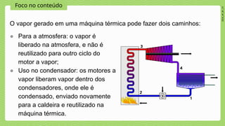 Foco no conteúdo
2024_AF_B1_V1
O vapor gerado em uma máquina térmica pode fazer dois caminhos:
● Para a atmosfera: o vapor é
liberado na atmosfera, e não é
reutilizado para outro ciclo do
motor a vapor;
● Uso no condensador: os motores a
vapor liberam vapor dentro dos
condensadores, onde ele é
condensado, enviado novamente
para a caldeira e reutilizado na
máquina térmica.
 