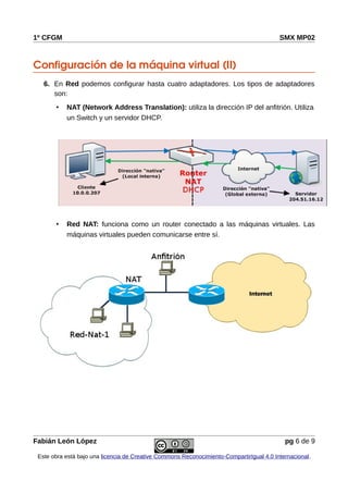 1º CFGM SMX MP02
Configuración de la máquina virtual (II)
6. En Red podemos configurar hasta cuatro adaptadores. Los tipos de adaptadores
son:
• NAT (Network Address Translation): utiliza la dirección IP del anfitrión. Utiliza
un Switch y un servidor DHCP.
• Red NAT: funciona como un router conectado a las máquinas virtuales. Las
máquinas virtuales pueden comunicarse entre sí.
Fabián León López pg 6 de 9
Este obra está bajo una licencia de Creative Commons Reconocimiento-CompartirIgual 4.0 Internacional.
 