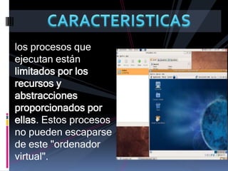 CARACTERISTICASlos procesos que ejecutan están limitados por los recursos y abstracciones proporcionados por ellas. Estos procesos no pueden escaparse de este "ordenador virtual".