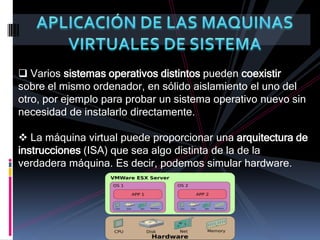 APLICACIÓN DE LAS MAQUINAS VIRTUALES DE SISTEMA Varios sistemas operativos distintos pueden coexistir sobre el mismo ordenador, en sólido aislamiento el uno del otro, por ejemplo para probar un sistema operativo nuevo sin necesidad de instalarlo directamente. 