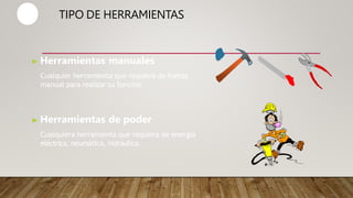 TIPO DE HERRAMIENTAS
▶ Herramientas manuales
Cualquier herramienta que requiera de fuerza
manual para realizar su función
▶ Herramientas de poder
Cualquiera herramienta que requiera de energía
eléctrica, neumática, hidráulica.
 