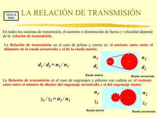Volver al
   índice
              LA RELACIÓN DE TRANSMISIÓN

En todos los sistemas de transmisión, el aumento o disminución de fuerza y velocidad depende
de la relación de transmisión.

La Relación de transmisión en el caso de poleas y correa es: el cociente entre entre el
diámetro de la rueda arrastrada y el de la rueda motriz.

                                                       n1                            n2
                     d1 / d2 = n2 / n1                 d1                            d2
                                                  Rueda motriz                Rueda arrastrada
La Relación de transmisión en el caso de engranajes y piñones con cadena es: el cociente
entre entre el número de dientes del engranaje arrastrado y el del engranaje motor.
                                                        n1                            n2
                       z 1 / z2 = n 2 / n 1             z1                            z2
                                                   Rueda motriz                Rueda arrastrada
 