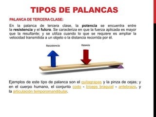 TIPOS DE PALANCAS
PALANCA DE TERCERA CLASE:
En la palanca de tercera clase, la potencia se encuentra entre
la resistencia y el fulcro. Se caracteriza en que la fuerza aplicada es mayor
que la resultante; y se utiliza cuando lo que se requiere es ampliar la
velocidad transmitida a un objeto o la distancia recorrida por él.




Ejemplos de este tipo de palanca son el quitagrapas y la pinza de cejas; y
en el cuerpo humano, el conjunto codo - bíceps braquial - antebrazo, y
la articulación temporomandibular.
 