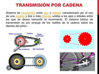 TRANSMISIÓN POR CADENA
Sistema de transmisión entre ejes y árboles caracterizado por el uso
de una cadena y dos o más piñones unidos a los ejes o árboles entre
los que se desea transmitir el movimiento. El sistema básico de
transmisión es por empuje de los rodillos de la cadena sobre los
dientes del piñón.
 