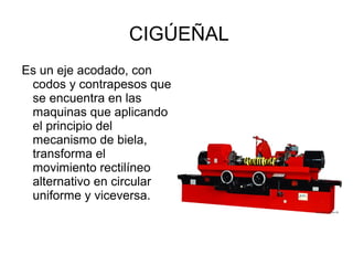 CIGÚEÑAL
Es un eje acodado, con
codos y contrapesos que
se encuentra en las
maquinas que aplicando
el principio del
mecanismo de biela,
transforma el
movimiento rectilíneo
alternativo en circular
uniforme y viceversa.
 