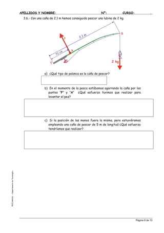 APELLIDOS Y NOMBRE: Nº: CURSO: .
3.6.- Con una caña de 2,1 m hemos conseguido pescar una lubina de 2 kg.
2 kg
70 cm
F
P
A
R
2,1 m
a) ¿Qué tipo de palanca es la caña de pescar?
b) En el momento de la pesca estábamos agarrando la caña por los
puntos “F” y “A” ¿Qué esfuerzo tuvimos que realizar para
levantar el pez?
c) Si la posición de las manos fuera la misma, pero estuviéramos
empleando una caña de pescar de 5 m de longitud ¿Qué esfuerzo
tendríamos que realizar?
©C
Página 9 de 10
EJAROSU--DepartamentodeTecnología--
 
