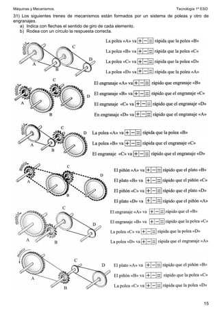 Máquinas y Mecanismos. Tecnología 1º ESO
15
31) Los siguientes trenes de mecanismos están formados por un sistema de poleas y otro de
engranajes.
a) Indica con flechas el sentido de giro de cada elemento.
b) Rodea con un círculo la respuesta correcta.
 