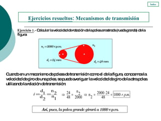 Ejercicio 1 .-  Calcular la velocidad de rotación de la polea arrastrada (rueda grande) de la figura: Ejercicios resueltos : Mecanismos de transmisión Cuando en un mecanismo de poleas de transmisión como el de la figura, conocemos la velocidad de giro de una polea, se puede averiguar la velocidad de giro de la otra polea utilizando la relación de transmisión:  Así, pues, la polea grande girará a 1000 r.p.m. Índice n 1  = 2000 r.p.m. d 1  = 24 mm n 2 d 2  = 48 mm 