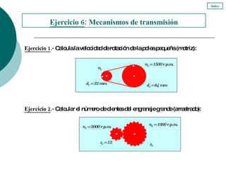 Ejercicio 1 .-  Calcula la velocidad de rotación de la polea pequeña (motriz): Ejercicio  6 : Mecanismos de transmisión Índice n 2  = 1500 r.p.m. d 1  = 32 mm n 1  d 2  = 64 mm Ejercicio 2 .-  Calcular el número de dientes del engranaje grande (arrastrado): n 1  = 2000 r.p.m. z 1  = 12 z 2  n 2  = 1000 r.p.m. 