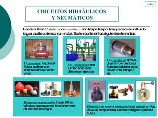 Los circuitos  hidráulicos  o  neumáticos  son las partes por las que circula un fluido  (agua, aceite o aire comprimido). Suelen contener los siguientes elementos: CIRCUITOS HIDRÁULICOS  Y NEUMÁTICOS Índice El  generador : impulsa el fluido; suele ser una bomba de aire o un com-presor. Los  conductores : son tubos o tuberías de diferentes materiales Los  receptores : aprove-chan el movimiento del fluido para obtener calor, movimiento, trabajo,… etc. Elementos de protección : boyas, filtros, válvulas, que aseguran el funcionamiento del circuito sin riesgos. Elementos de control y regulación del caudal : gri-fos, válvulas, compuertas que cortan o dirigen el paso del fluido. 