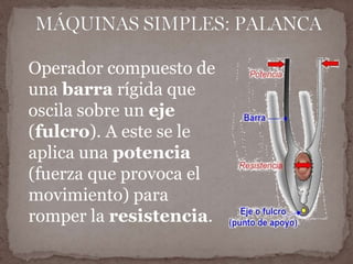 Operador compuesto de 
una barra rígida que 
oscila sobre un eje 
(fulcro). A este se le 
aplica una potencia 
(fuerza que provoca el 
movimiento) para 
romper la resistencia. 
 