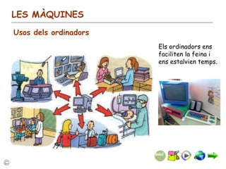 LES MÀQUINES Usos dels ordinadors Els ordinadors ens faciliten la feina i ens estalvien temps. 