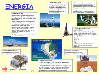 ENERGIA L'ENERGIA GEOTÈRMICA Consisteix en aprofitar les altes temperatures de l'interior de la Terra. L'ENERGIA DEL SOL El Sol és un estel que emet grans quantitats d'energia cap a la Terra. Aquesta energia, que rep el nom d'energia solar, ens arriba en forma de llum i calor. Sempre ens hem aprofitat de l'energia solar, però actualment hem desenvolupat tècniques que ens permeten beneficiar-nos encara més de l'energia solar. Aquest és el cas de: Les centrals solars, on es produeix energia elèctrica.. S'aprofita la calor del Sol per a escalfar l'aigua i obtenir-ne el vapor que fa funcionar les màquines que generen l'electricitat. Els plafons solars, que serveixen per a obtenir aigua calenta i calefacció. L'ENERGIA MAREOMOTRIU Consisteix en aprofitar la força i les onades del mar o les marees. L'ENERGIA DEL VENT L'energia que s'obté de la força del vent s'anomena energia eòlica. Actualment, l'energia eòlica es fa servir en les centrals eòliques. El moviment de les aspes dels aerogeneradors s'aprofita per a produir electricitat. L'ENERGIA NUCLEAR Hi ha substàncies (urani i plutoni) que tenen la propietat d'emetre grans quantitats d'energia. Aquesta energia que alliberen rep el nom d'energia nuclear. L'energia nuclear es fa servir, principalment, com a combustible per a produir electricitat en les centrals nuclears. L'ENERGIA DE L'AIGUA La força dels corrents d'aigua, com els rius o els torrents, genera energia hidràulica. L'energia hidràulica ha estat un dels recursos energètics més aprofitats, gràcies a les rodes hidràuliques que servien per a posar en funcionament màquines com molins, serres, etc... Actualment, s'utilitza en les centrals hidroelèctriques. L'ENERGIA DELS MATERIALS COMBUSTIBLES Els materials combustibles són aquells que quan es cremen desprenen energia en forma de llum i calor. Actualment, els combustibles més emprats són: El carbó El petroli El gas També serveixen de combustibles per a obtenir electricitat en les centrals tèrmiques. 