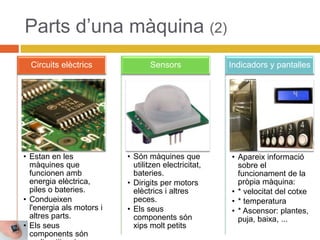 Parts d’una màquina (2)
• Estan en les
màquines que
funcionen amb
energia elèctrica,
piles o bateries.
• Condueixen
l'energia als motors i
altres parts.
• Els seus
components són
Circuits elèctrics
• Són màquines que
utilitzen electricitat,
bateries.
• Dirigits per motors
elèctrics i altres
peces.
• Els seus
components són
xips molt petits
Sensors
• Apareix informació
sobre el
funcionament de la
pròpia màquina:
• * velocitat del cotxe
• * temperatura
• * Ascensor: plantes,
puja, baixa, ...
Indicadors y pantalles
 