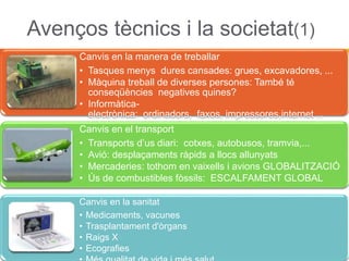 Avenços tècnics i la societat(1)
Canvis en la manera de treballar
• Tasques menys dures cansades: grues, excavadores, ...
• Màquina treball de diverses persones: També té
conseqüències negatives quines?
• Informàtica-
electrònica: ordinadors, faxos, impressores,internet ...
Canvis en el transport
• Transports d’us diari: cotxes, autobusos, tramvia,...
• Avió: desplaçaments ràpids a llocs allunyats
• Mercaderies: tothom en vaixells i avions GLOBALITZACIÓ
• Ús de combustibles fòssils: ESCALFAMENT GLOBAL
Canvis en la sanitat
• Medicaments, vacunes
• Trasplantament d'òrgans
• Raigs X
• Ecografies
 