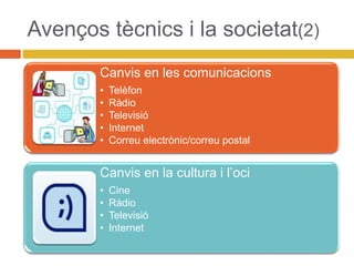 Avenços tècnics i la societat(2)
Canvis en les comunicacions
• Telèfon
• Ràdio
• Televisió
• Internet
• Correu electrònic/correu postal
Canvis en la cultura i l’oci
• Cine
• Ràdio
• Televisió
• Internet
 