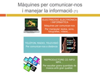 Màquines per comunicar-nos
i manejar la informació (1)
ELECTRICITAT, ELECTRÒNICA
I INFORMÀTICA
Màquines per comunicar-nos
Per manipular: textos, sons,
fotografies, vídeos,…
TELÈFON, RADIO, TELEVISIÓ
Per comunicar-nos a distància
REPRODUCTORE CD /MP3/
MP4…
Per escoltar grans quantitats de
música amb gran qualitat.
 