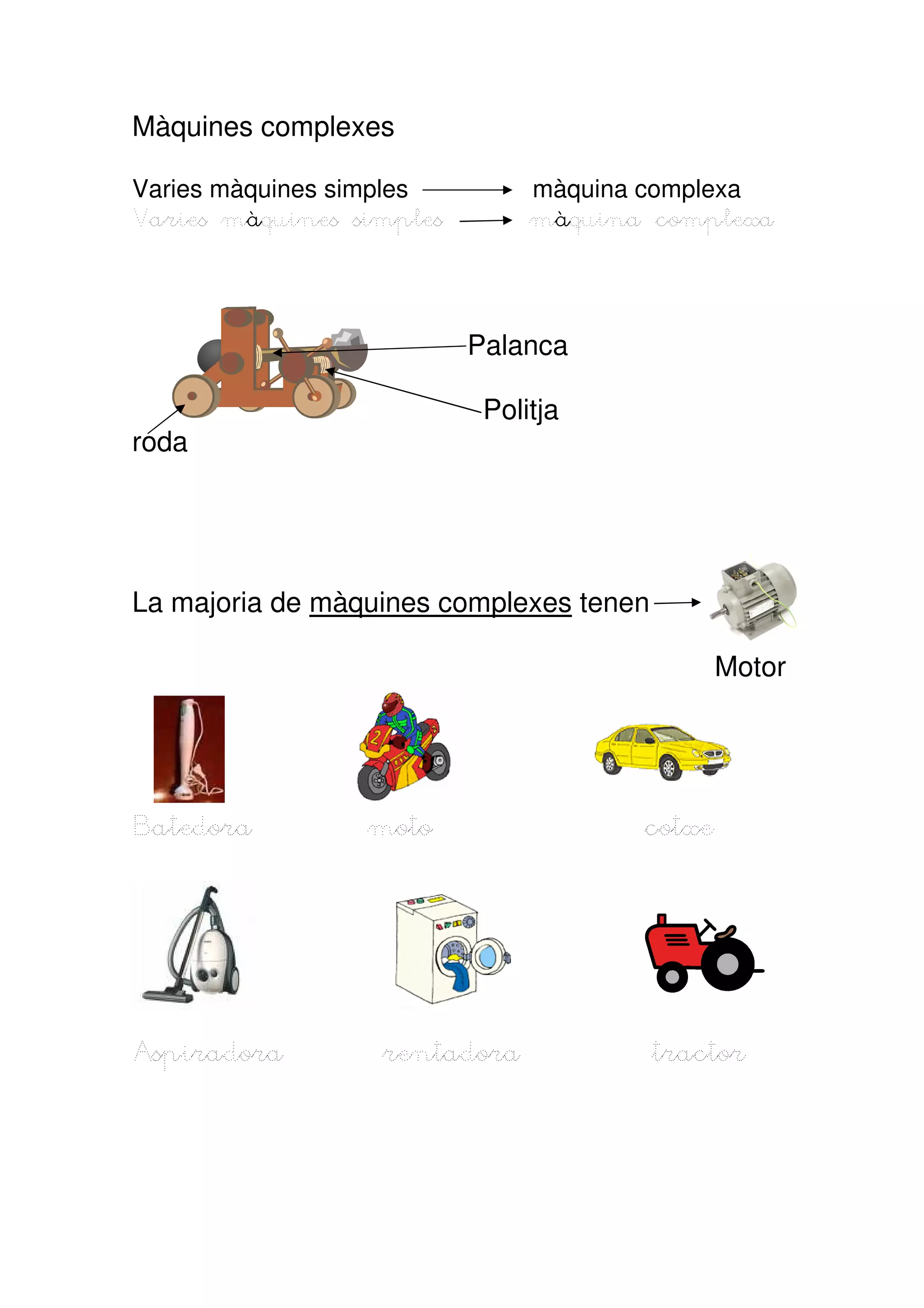 Màquines complexes

Varies màquines simples        màquina complexa
Varies màquines simples        màquina complexa




                          Palanca

                           Politja
roda




La majoria de màquines complexes tenen

                                              Motor




Batedora         moto                 cotxe




Aspiradora        rentadora              tractor
 