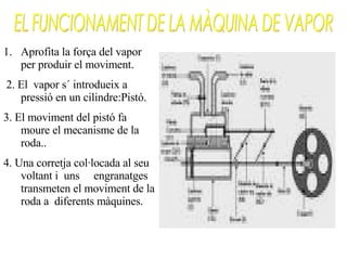 Aprofita la força del vapor per produir el moviment. 2. El  vapor s´ introdueix a pressió en un cilindre:Pistó. 3. El moviment del pistó fa moure el mecanisme de la roda.. 4. Una corretja col·locada al seu voltant i  uns  engranatges transmeten el moviment de la roda a  diferents màquines.             EL FUNCIONAMENT DE LA MÀQUINA DE VAPOR 