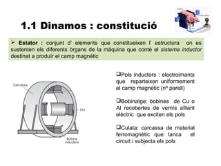 1.1 Dinamos : constitució
 Estator : conjunt d’ elements que constitueixen l’ estructura on es
sustenten els diferents òrgans de la màquina que conté el sistema inductor
destinat a produïr el camp magnètic


                                        Pols inductors : electroimants
                                        que reparteixen uniformement
                                        el camp magnètic (nº parell)

                                        Bobinatge: bobines de Cu o
                                        Al recobertes de vernís aïllant
                                        elèctric que exciten els pols

                                        Culata: carcassa de material
                                        ferromagnètic que tanca     el
                                        circuit i subjecta els pols
 