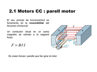 2.1 Motors CC : parell motor
El seu principi de funcionament es
fonamenta en la reversibilitat del
fenomen d’inducció

Un conductor situat en un camp
magnètic és sotmés a la següent
força:


   F = B·l·I

 Es creen forces i parells que fan girar el rotor
 