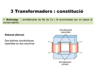 3 Transformadors : constitució
 Bobinatge : enrotllaments de fils de Cu i Al envernissats per on passa el
corrent elèctric




 Debanat alternat:

 Dos bobines concèntriques
 repartides en dos columnes
 