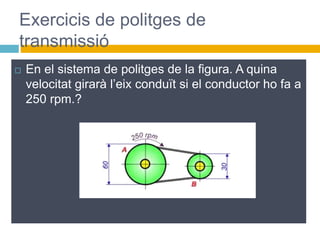  En el sistema de politges de la figura. A quina
velocitat girarà l’eix conduït si el conductor ho fa a
250 rpm.?
Exercicis de politges de
transmissió
 