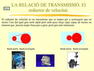PALANQUES. La Llei de la palanca Mitjançant una palanca podem  amplificar la nostra força  col·locant convenientment el punt de recolzament, la resistència i el punt on aplicarem la nostra potència. Índex La  LLEI DE LA PALANCA  diu:  el producte de la potència per la seva distància fins el punt de recolzament és igual al producte de la resistència per la seva distància a aquest mateix punt. Potencia x d p = Resistència x d r Amb el punt de recolzament a la mateix distancia de la potencia i de la resistència no hi ha amplificació de la força Si la potencia esta dos veces més lluny del punt de recolzament que la resistència, la força se amplifica al doble. 