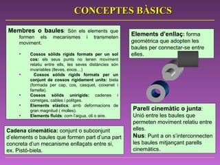 Elements d’enllaç :  forma geomètrica que adopten les baules per connectar-se entre elles.  Membres o baules : Són els elements que formen els mecanismes i transmeten moviment.  Cossos sòlids rígids formats per un sol cos:  els seus punts no tenen moviment relatiu entre ells, les seves distàncies són invariables (lleves, eixos…) Cossos sòlids rígids formats per un conjunt de cossos rígidament units:  biela (formada per cap, cos, casquet, coixenet i famella).  Cossos sòlids unirígids:  cadenes i corretges, cables i politges. Elements elàstics : amb deformacions de gran magnitud ( molles). Elements fluïds : com l’aigua, oli o aire.  Parell cinemàtic o junta : Unió entre les baules que permeten moviment relatiu entre elles.  Nus : Punt a on s’interconnecten les baules mitjançant parells cinemàtics.  CONCEPTES BÀSICS Cadena cinemàtica:  conjunt o subconjunt d’elements o baules que formen part d’una part concreta d’un mecanisme enllaçats entre si, ex. Pistó-biela. 