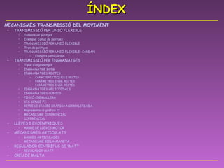ÍNDEX MECANISMES TRANSMISSIÓ DEL MOVIMENT TRANSMISSIÓ PER UNIÓ FLEXIBLE Tensors  de  politges Exemple :  Conus  de  politges TRANSMISSIÓ PER UNIÓ FLEXIBLE Tren de  politges TRANSMISSIÓ PER UNIÓ FLEXIBLE: CARDAN Elements  junta Cardan TRANSMISSIÓ PER ENGRANATGES Tipus   d’engranatges ENGRANATGE BOIG ENGRANATGES RECTES CARACTERÍSTIQUES E RECTES PARÀMETRES ENGR. RECTES PARÀMETRES ENGR. RECTES ENGRANATGES HELICOÏDALS ENGRANATGES CÒNICS PINYÓ-CREMALLERA VIS SENSE FI REPRESENTACIÓ GRÀFICA NORMALITZADA Representació   gràfica  II MECANISME DIFERENCIAL DIFERENCIAL LLEVES I EXCÈNTRIQUES ARBRE DE LLEVES MOTOR MECANISMES ARTICULATS BARRES ARTICULADES MECANISME BIELA-MANETA REGULADOR CENTRÍFUG DE WATT REGULADOR WATT CREU DE MALTA 