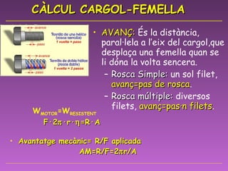 CÀLCUL CARGOL-FEMELLA W MOTOR =W RESISTENT   F·2  ·r·  =R·A Avantatge mecànic= R/F aplicada AM=R/F=2  r/A AVANÇ:  És la distància, paral·lela a l’eix del cargol,que desplaça una femella quan se li dóna la volta sencera. Rosca Simple:  un sol filet,  avanç=pas de rosca . Rosca múltiple:  diversos filets,  avanç=pas·n filets . 