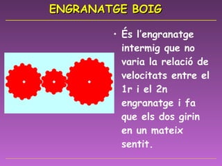 ENGRANATGE BOIG És l’engranatge intermig que no varia la relació de velocitats entre el 1r i el 2n engranatge i fa que els dos girin en un mateix sentit. 